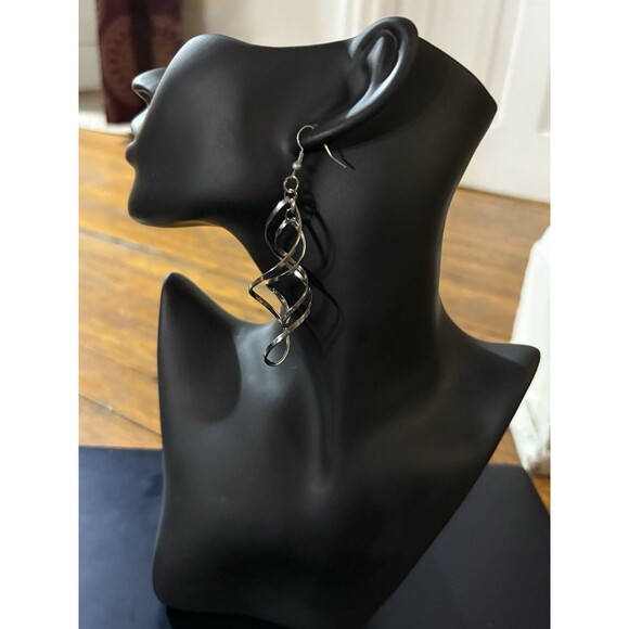 Vintage Silver Dangle Drop Earrings Intertwining 3 1/2 Inch - Picture 3 of 8